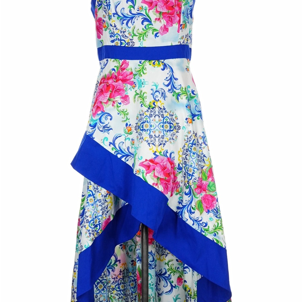 Boston Proper Floral High-Low Dress in White, Blue, Pink
